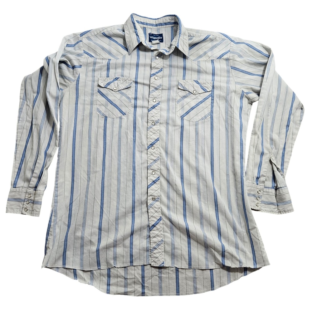 Wrangler Western Shirt XLT White Blue‎ Striped Pearl Snap Long Slv Tall Vintage